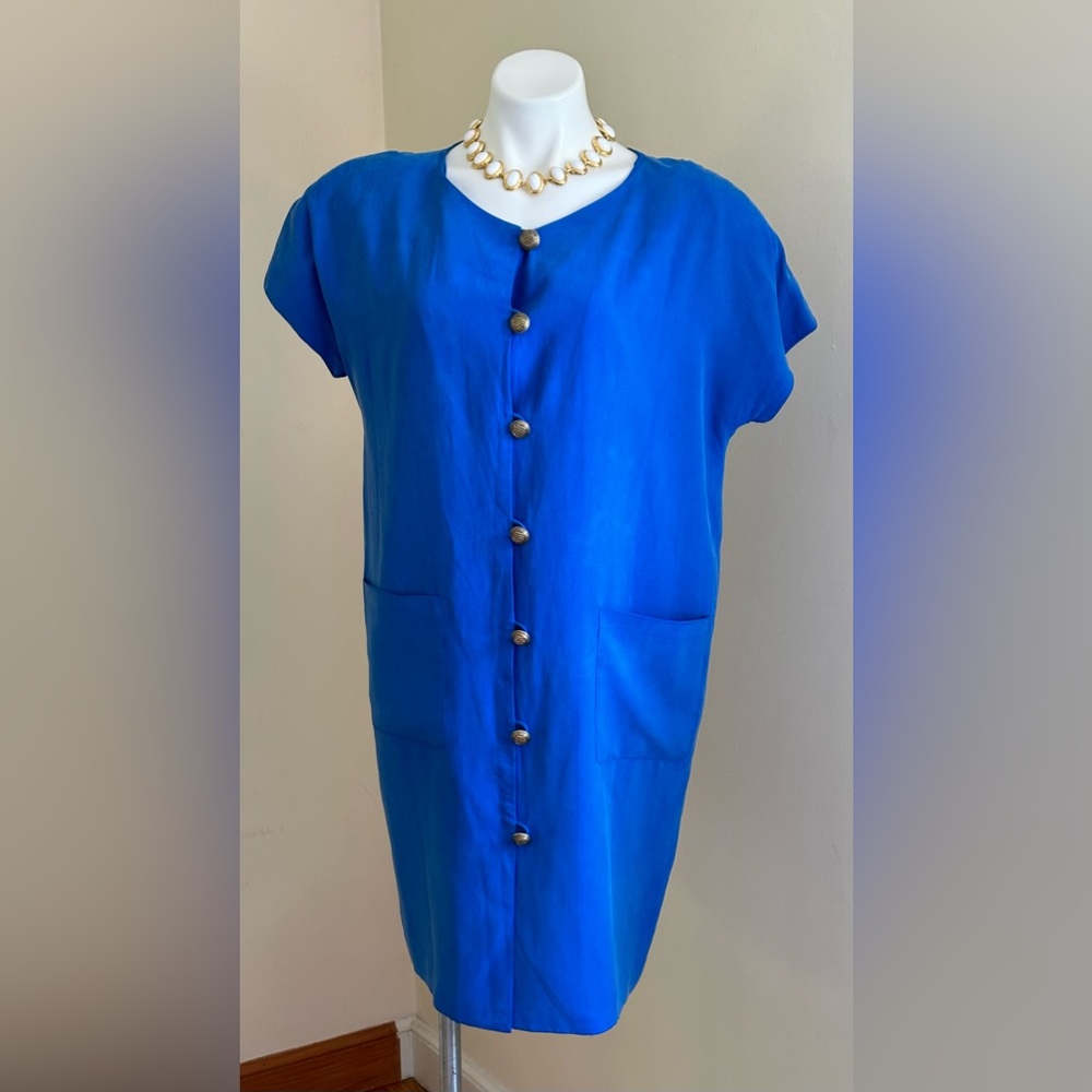 Nancy Crystal Blue Short Sleeves Gold Buttons Vintage Dress  Sz 6 Should Pads.